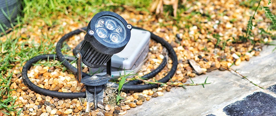 Outdoor light installed in rocks in West Chester, PA.